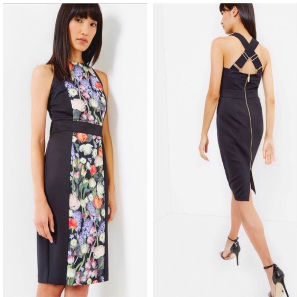 Ted Baker London Black Floral MIDI Bodycon Scuba Slit Dress size 4 or 10/12